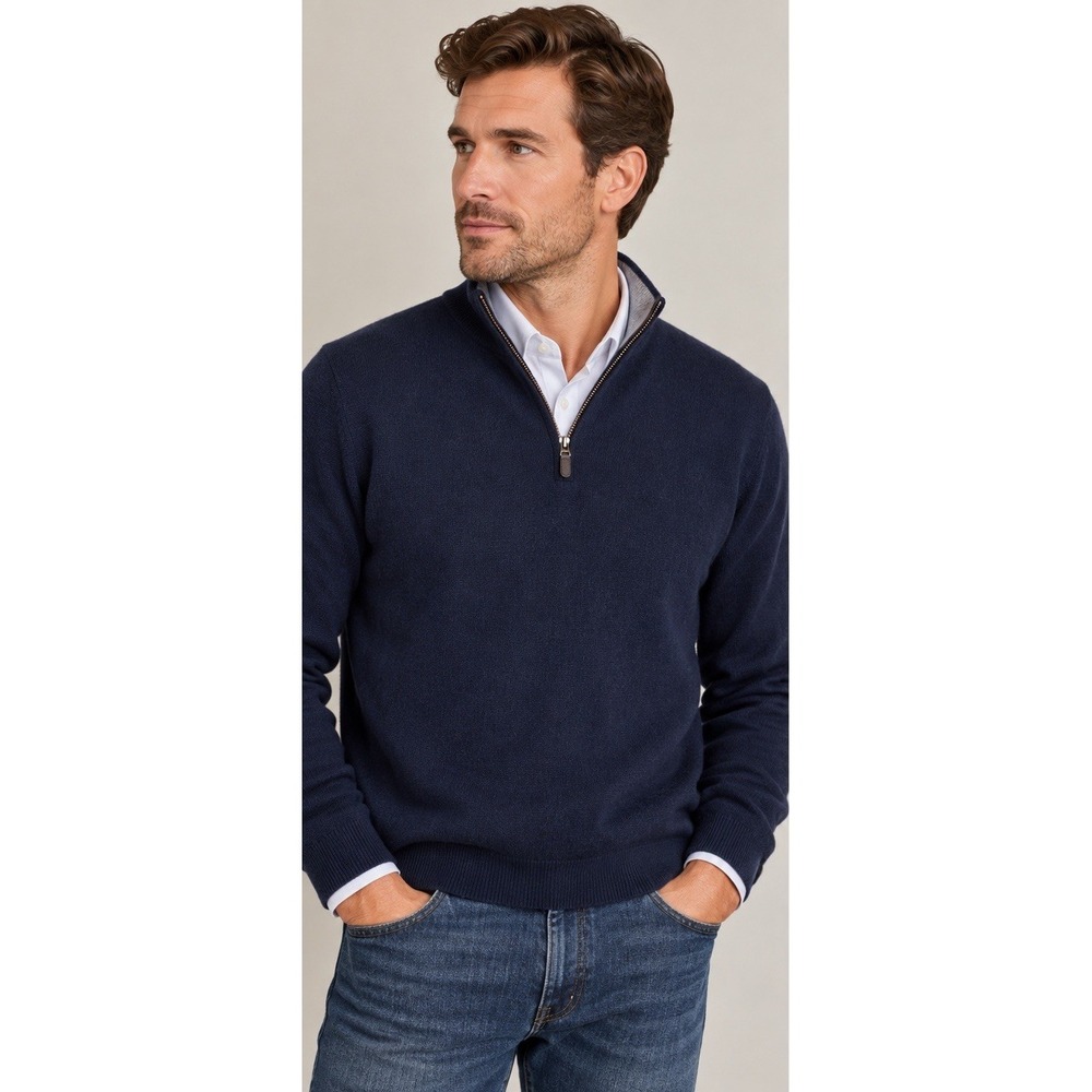 Alan Flusser 100% Cashmere Sweater Men's L Navy Blue Quarter Zip Quiet Luxury